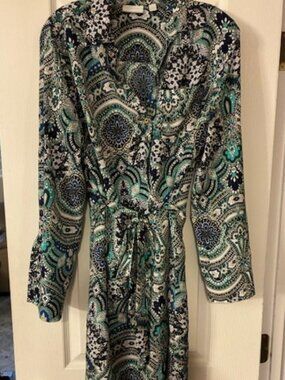 New York & Co Women's Blue Aqua Paisley Long Sleeve Belted Shirt Dress Size L
